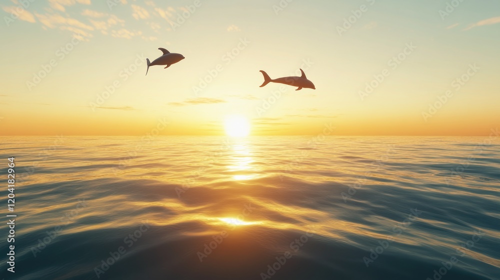 Fototapeta premium Two dolphins leap at sunset over ocean.