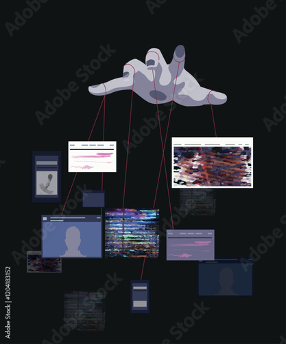 Manipulator concept vector illustration. Puppet master hands manipulate man mind, silhouette. Mental control ropes. Domination exploitation background.