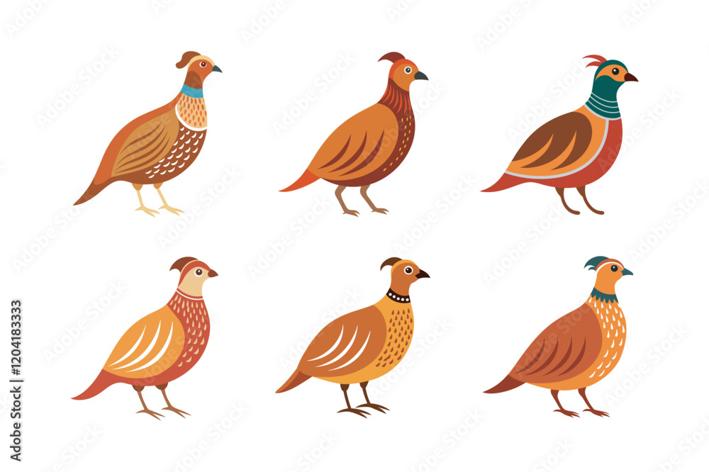 Obraz premium Cute Quail Illustration Bundle. Adorable quail illustrations, perfect for nature-inspired designs, greeting cards, stationery, posters, and creative projects.