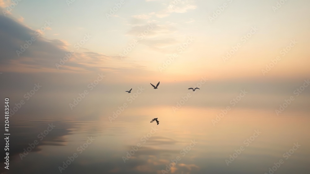 Tranquil sunrise over calm water with three birds in flight, reflected in the still surface. Tranquil sunrise over calm water with three birds in flight, reflected in the still surface.