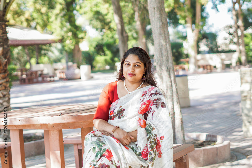 Beautiful Indian female, Beautiful portrait of young woman standing in nature wearing traditional clothing sarry - stock photo Beautiful Indian female, Beautiful portrait of young woman standing in nature wearing traditional clothing sarry - stock photo