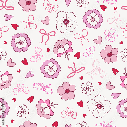 Seamless pattern with flowers, bows and ribbons. Digital paper in modern vintage coquette style for textile, fabric, wallpaper, scrapbook, card templates