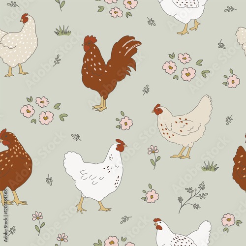 Chicken hand drawn clipart, seamless pattern with chicken birds, cottagecore country life style repeating vector background