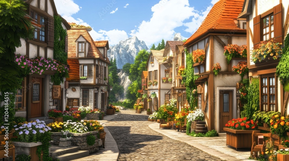 Fototapeta premium A charming European village with cobblestone streets, quaint shops, and flower boxes