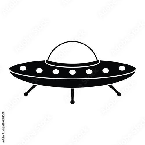 UFO vector icon. Flying saucer illustration ideal for alien, space, or sci-fi themes. Black silhouette isolated on white background.