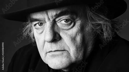 Black and white portrait of an older man with a serious expression, wearing a hat.