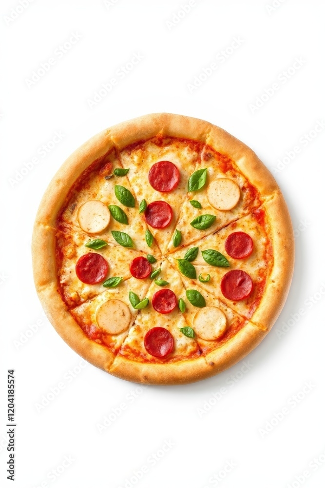 a close up of a pizza with pepperoni and basil on a white surface a close up of a pizza with pepperoni and basil on a white surface