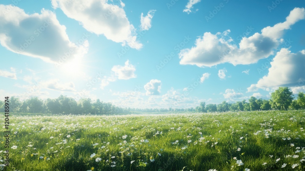 Obraz premium Vast green meadow under blue sky