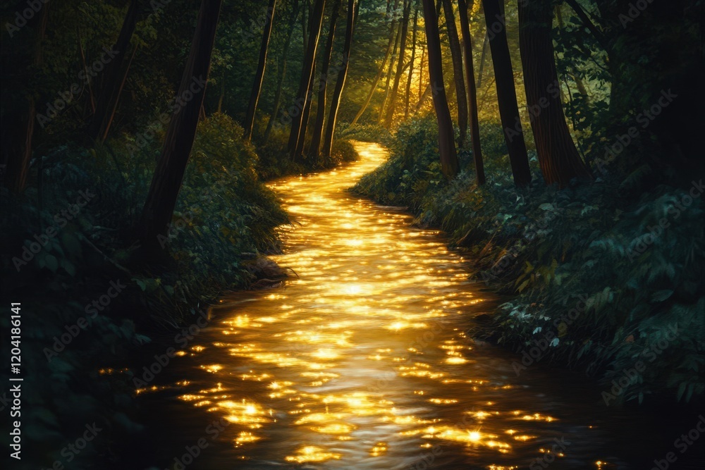 Naklejka premium Golden River Flows Through A Dark Forest