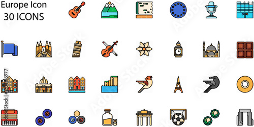 Set of Europe icons. Line art style icons bundle. vector illustration