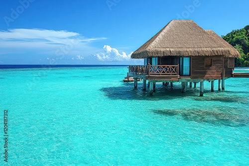 A picturesque overwater bungalow with a thatched roof.