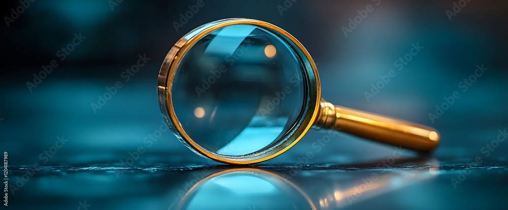 Gold Magnifying Glass on Blue Surface Gold Magnifying Glass on Blue Surface