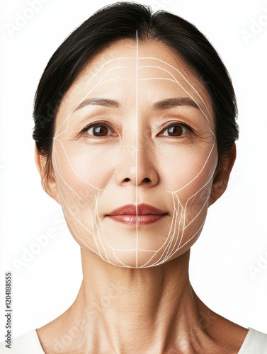 Face lift anti-aging treatment - Asian woman portrait with graphic lines showing facial lifting effect on skin. isolated on white with generative ai photo