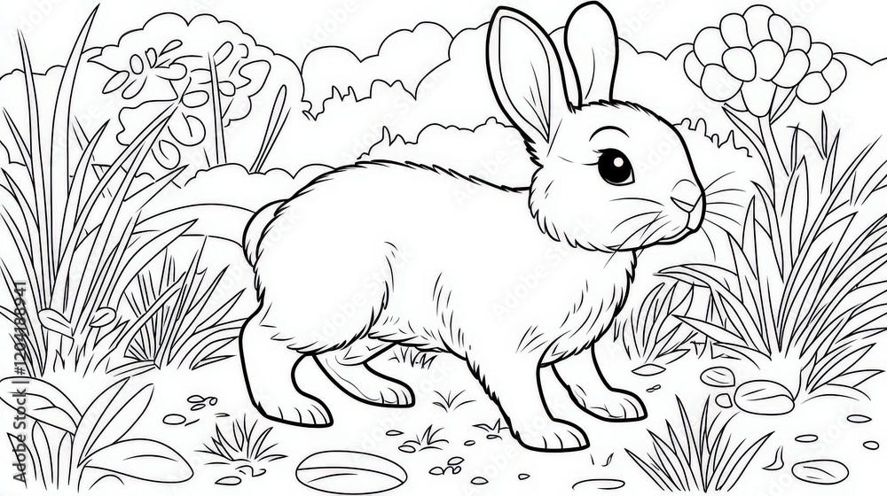 Obraz premium Cute Cartoon Baby Rabbit in Simple Line Art Style for Coloring Activity