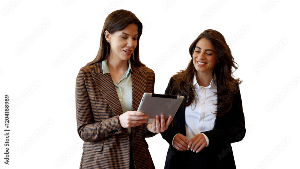 Two beautiful corporate partners using tablet and making plans Two beautiful corporate partners using tablet and making plans