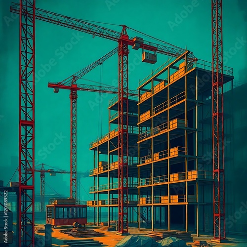 Construction site with cranes and building under construction.