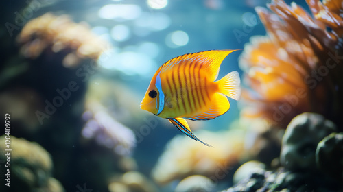 A well-kept aquarium with bright, colorful fish swimming peacefully inside, crystal clear water and clean glass.