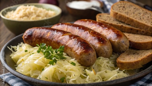 Perfectly grilled Easter sausages served on a platter with sauerkraut and rye bread during a festive spring gathering