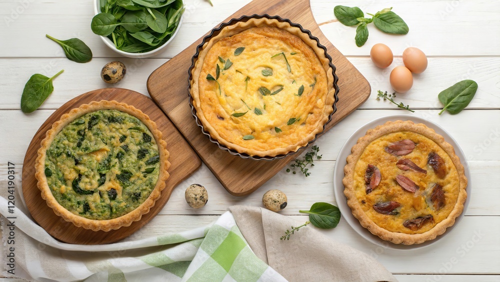 Traditional Easter savory pies display featuring fresh ingredients and rustic charm Traditional Easter savory pies display featuring fresh ingredients and rustic charm
