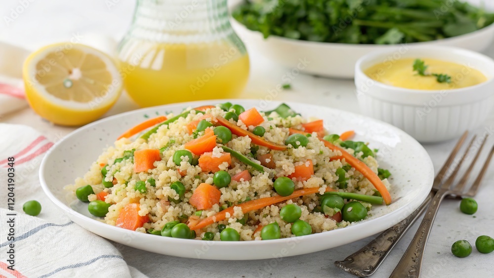 Fresh quinoa salad with peas, carrots, and a lemon dressing served on a white plate with a side of citrus juice Fresh quinoa salad with peas, carrots, and a lemon dressing served on a white plate with a side of citrus juice