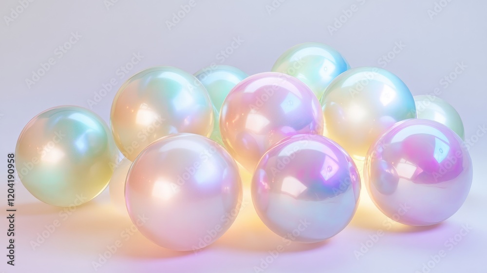A cluster of pearlescent orbs glowing in soft pastel colors. A cluster of pearlescent orbs glowing in soft pastel colors.