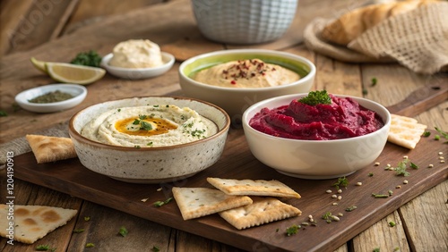 Rustic wooden table featuring a variety of dips and crackers in a cozy dining setting suitable for gatherings