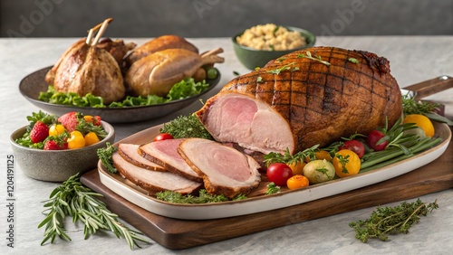 Exquisite traditional Easter feast featuring roasted meats and colorful garnishes to celebrate the holiday season