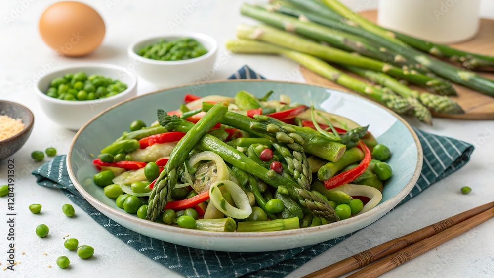 Fresh vegetable stir fry featuring vibrant green asparagus, sugar snap peas, and red bell peppers served with a side of nutritious green peas