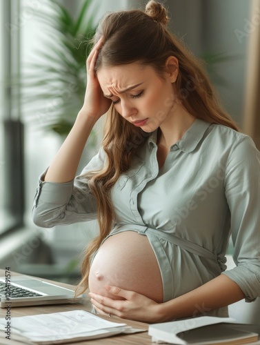 pregnancy, business, stress, gestosis and people concept - pregnant businesswoman feeling sick or suffering from headache at office work photo