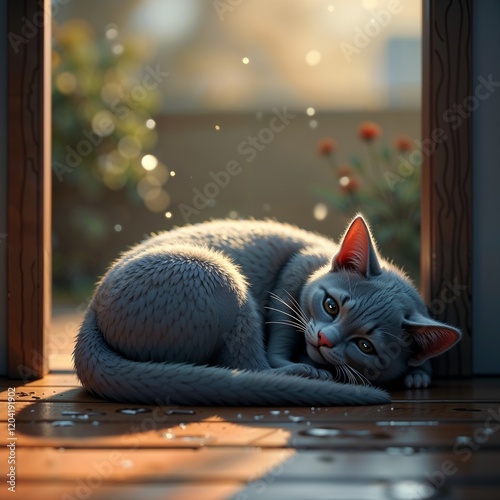 Gray cat curled up on wooden floor near doorway, peaceful mood, relaxing in cozy indoor setting, rain outside with flower and tree growing