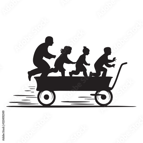 Vintage Silhouette of Children Playing with a Wagon: Joyful Movement and Shadow Art in a Nostalgic Black and White Illustration - Whimsical Retro Toy Scene with Playful Graphic Design