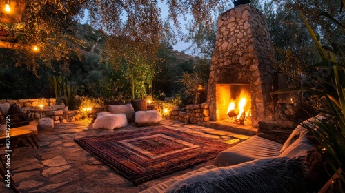 A cozy outdoor fireplace surrounded by comfortable seating and soft lighting