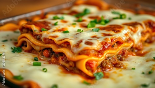 Delicious lasagna, cheese, meat, pasta.