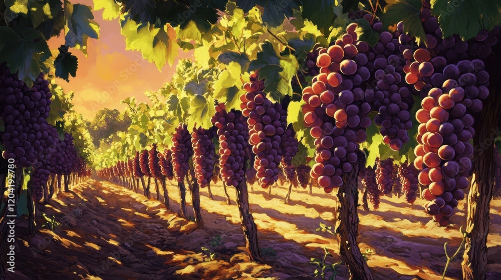 Naklejka premium Vibrant vineyard at sunset with ripe grapes