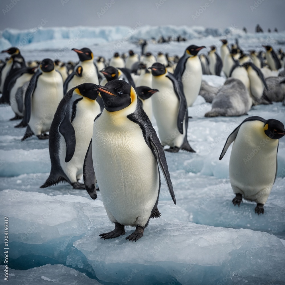 Fototapeta premium A colony of emperor penguins standing on icy terrain.
