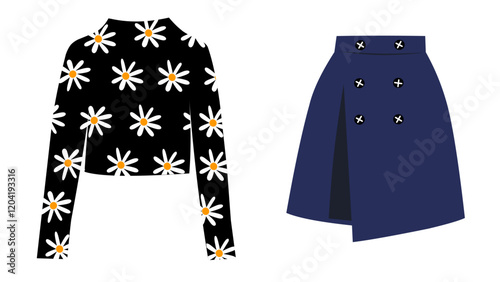 Set of clothes isolated on white. Black sweater with floral pattern and blue skirt with pleats and buttons.