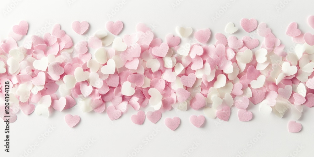 Whimsical heart-shaped confetti on white background Whimsical heart-shaped confetti on white background