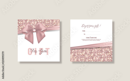 Gift card template with realistic red bow. Certificate, coupon, flyer design. Discount card for shop or boutique. Vector illustration	