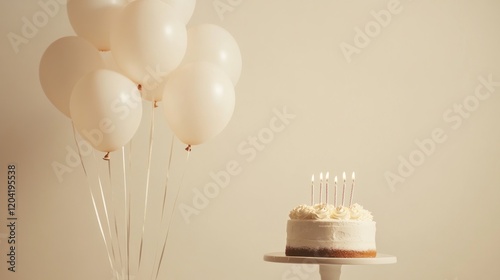 Elegant celebration scene with white balloons and birthday cake on a beige background