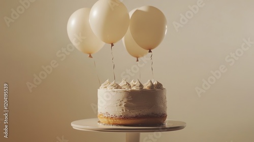 Celebration cake with four white balloons floating above on a light neutral background