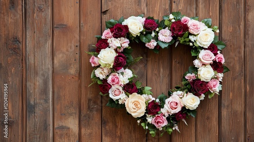 A beautiful heart-shaped floral wreath hanging on a rustic wooden wall.