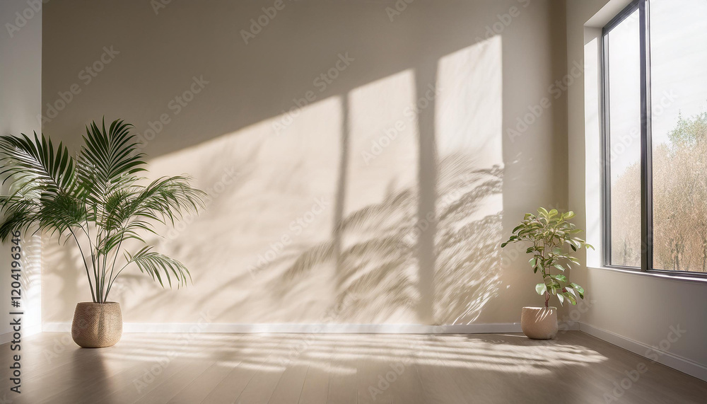 A minimalist interior design of an empty room with a large window. The room features a light beige wall and a warm wooden floor. Natural light streams through the window A minimalist interior design of an empty room with a large window. The room features a light beige wall and a warm wooden floor. Natural light streams through the window