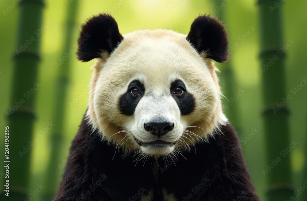 Obraz premium Close-up of panda bear in bamboo grove at background. Types of animals. Wildlife of China and fauna of the world
