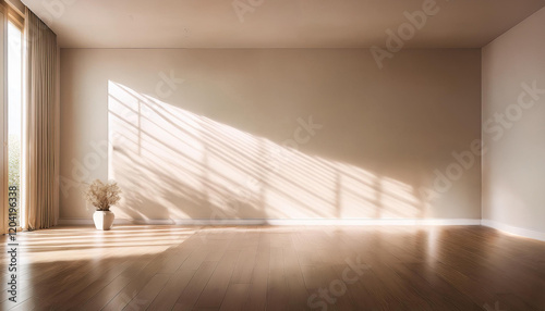 A minimalist interior design of an empty room with a large window. The room features a light beige wall and a warm wooden floor. Natural light streams through the window