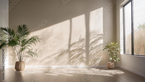 A minimalist interior design of an empty room with a large window. The room features a light beige wall and a warm wooden floor. Natural light streams through the window