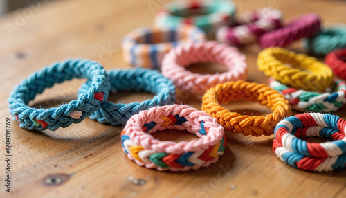 Colorful friendship bracelets handmade from threads on wooden table photo