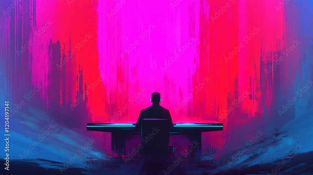 A figure seated at a desk is enveloped in vibrant, surreal colors and abstract shapes. A figure seated at a desk is enveloped in vibrant, surreal colors and abstract shapes.