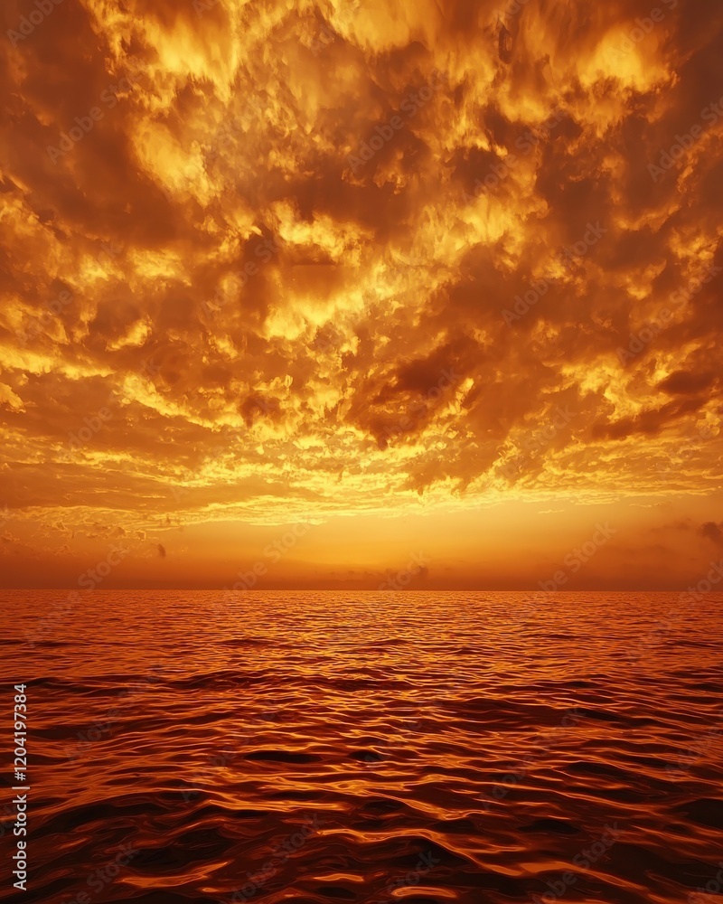 Fototapeta premium Surreal sunset over calm ocean fiery skies seascape dreamy atmosphere wide angle view