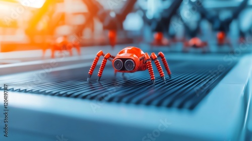 A futuristic robotic spider navigating an advanced technological environment. photo