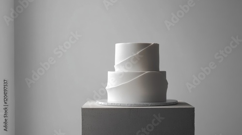 Elegant Two-Tiered White Cake with Minimalist Design on a Concrete Pedestal